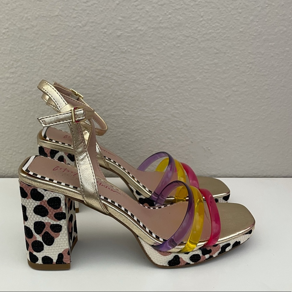 Betsey Johnson Gold Platform Heels with Pink Purple Yellow Straps